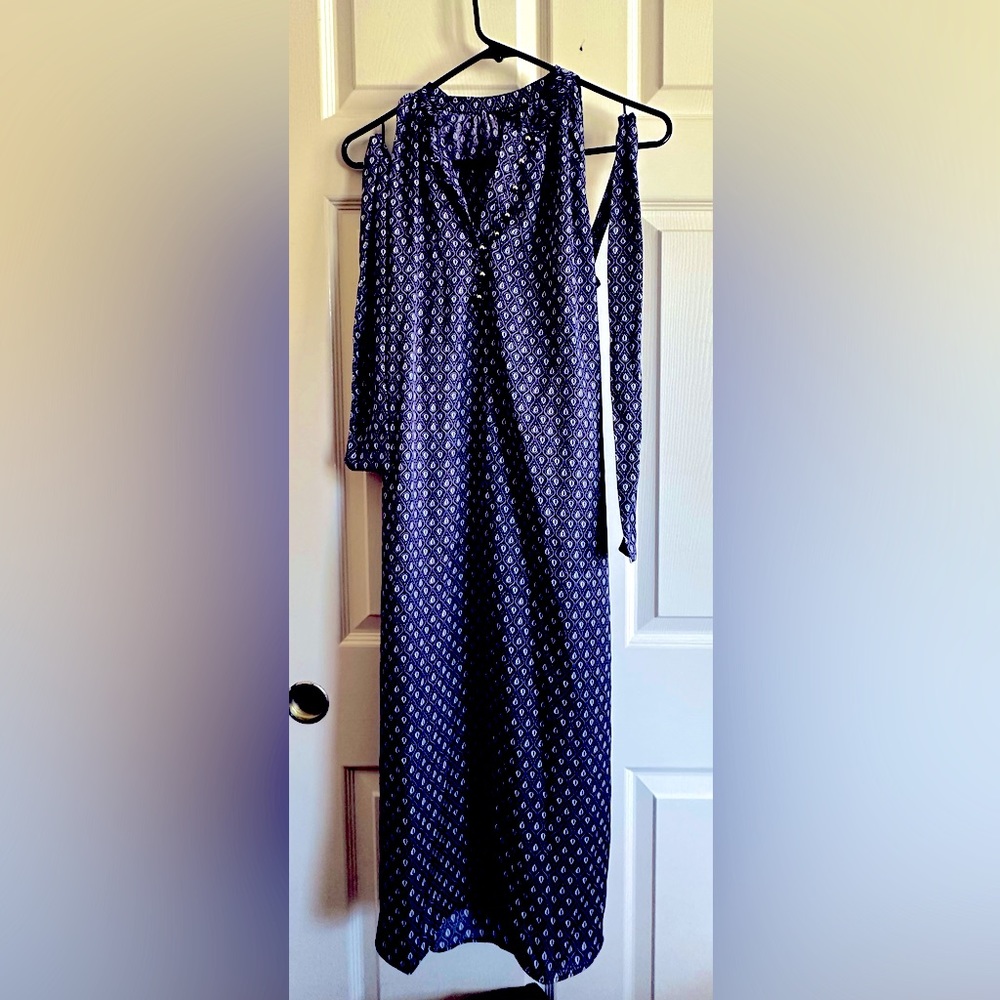 Ann Taylor petite blue peacock pattern shift waist tie size S NWT